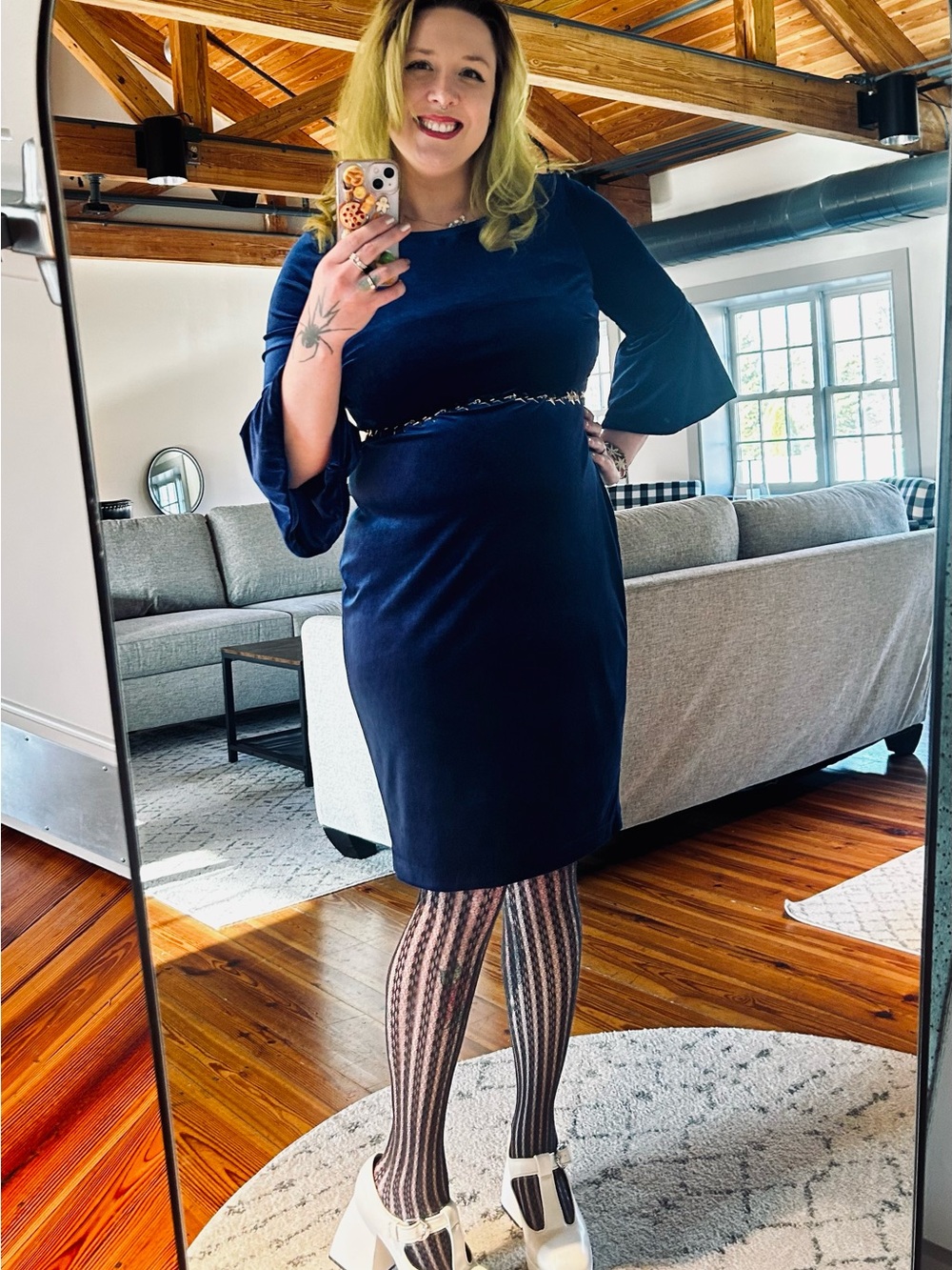 Calvin Klein Navy Bell-Sleeve Midi Sheath Dress